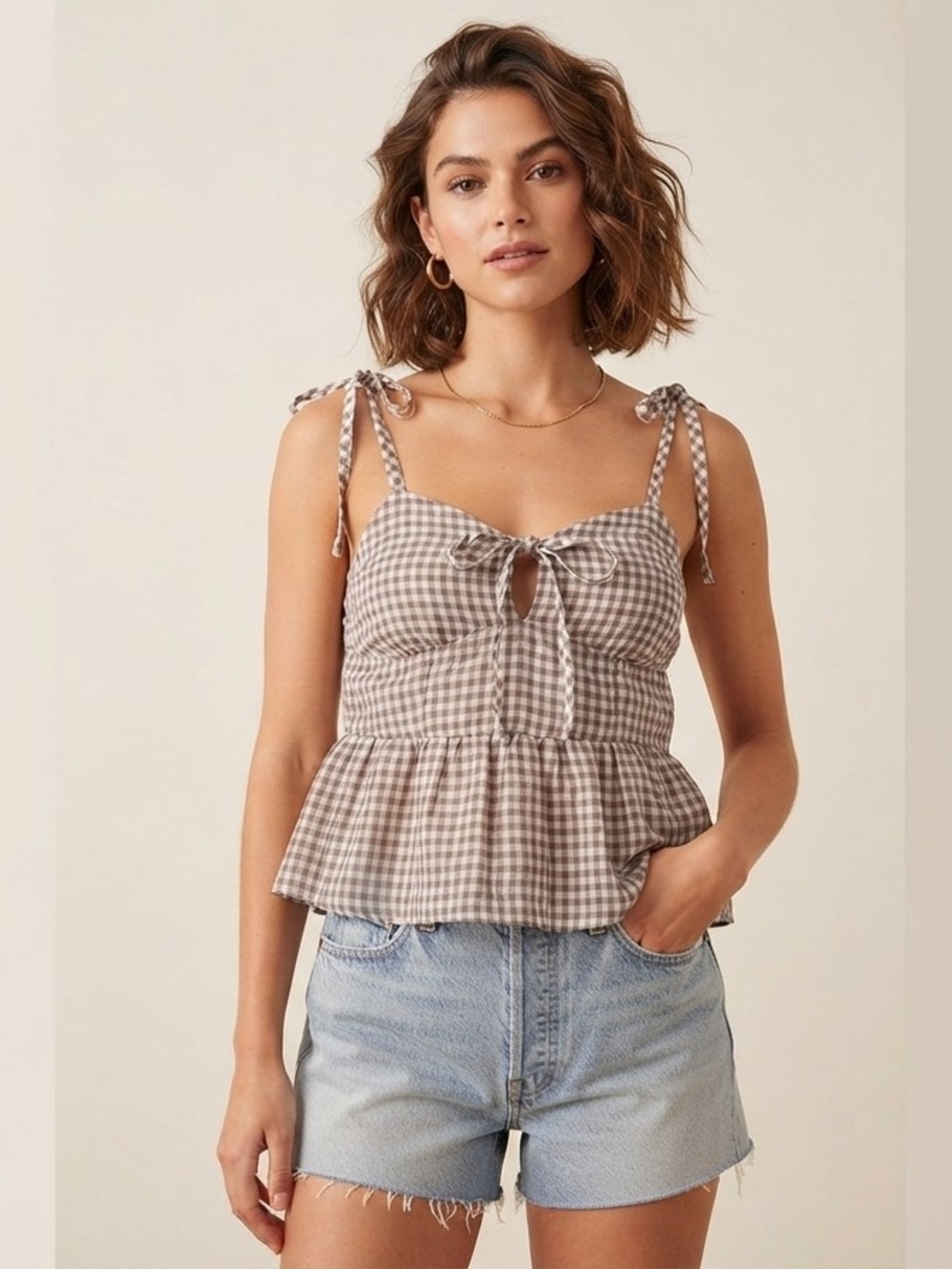 American Eagle Outfitters Taupe Gingham Tie-Front Peplum Cami